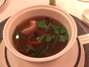 Second course - soup. Very tasty double boiled soup with chicken and conpoy.